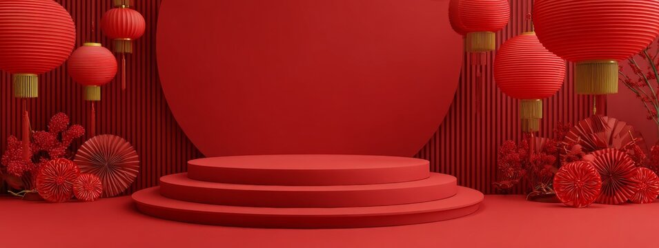 Red background with lanterns and floral decorations around podium for Lunar New Year