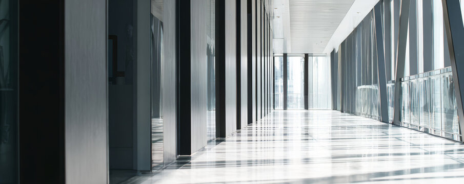 Modern corridor glass wall sunlight long shadow minimalist office walkway architecture interior bright - Powered by Adobe
