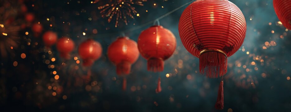 Red Chinese lanterns illuminated during festive celebration night  