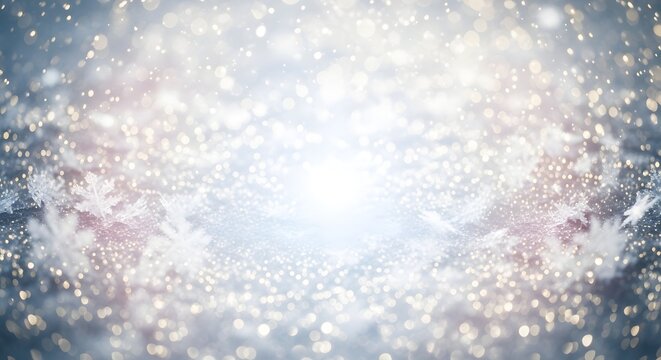 Soft focus bokeh background with glowing lights and snowflakes