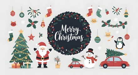 Merry christmas elements with santa, snowman, car, and tree