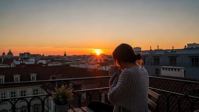 Woman enjoying vibrant sunset view over city from balcony with coffee, a serene urban escape, ideal for travel inspiration and peaceful moments, promoting relaxation and mindful living