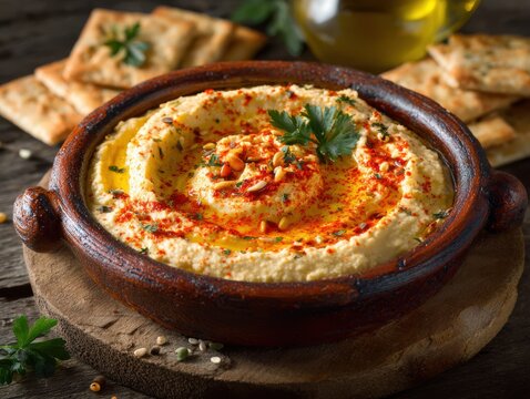 Creamy Hummus Topped with Paprika Olive Oil and Pine Nuts in Rustic Bowl with Crackers chickpea spread