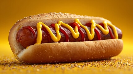 Delicious hot dog topped with ketchup and yellow mustard on a fresh bun, perfect fast-food snack or summer grilling meal