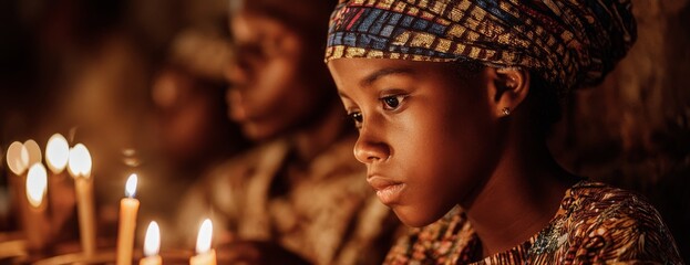 Black girl child lighting candles on Kwanzaa celebrating heritage  