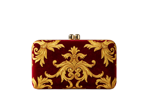 Elegant red velvet clutch ornate gold baroque design