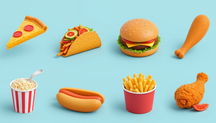 Cartoon fast food hamburger pizza taco hotdog fries popcorn noodles drumstick blue background playful vibe