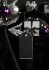 A blank black clothing tag hangs from a hanger in front of a Christmas tree with purple ornaments.