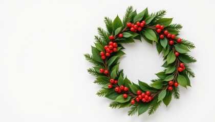 Green foliage and bright red berries form a festive wreath isolated on a white background