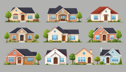 Naklejka premium House bungalow cottage suburban facade roof window door tree lawn Cozy suburban house bungalow cottage facade with roof window door tree lawn