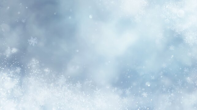 Magical winter background with icy blue snowflakes and soft bokeh lights, rozen fantasy landscape with white snowflakes and copy space