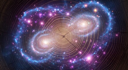 Obraz premium Two luminous multicolored spiral galaxies filled with stars are embedded within the growth rings of a tree trunk crosssection