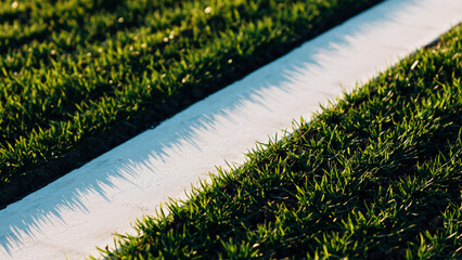 A close-up view of a bright white line painted on a vibrant green grassy field, with sunlight casting shadows.