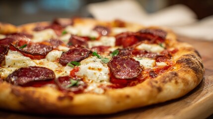 Rustic pepperoni and salami pizza slice with crispy artisan crust, melted mozzarella, and rich tomato sauce served fresh in a classic italian-style pizzeria setting