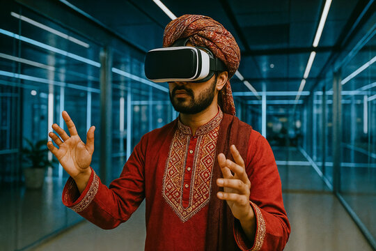 Person wearing traditional clothing exploring virtual reality, concept of cultural heritage and future technology
