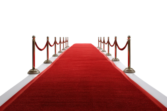 Red carpet with velvet ropes and gold stanchions leading into darkness image, Isolated On White Background, Png Transparent