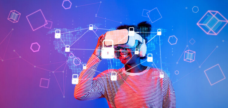 A woman experiences virtual reality, exploring cyber security themes in a vibrant, digital setting. The scene represents the intersection of technology and safety in a global context. XDMCP