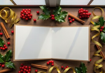 Festive holiday scene with a blank open card, holly berries, cinnamon sticks, and gold ribbon on a wooden background.