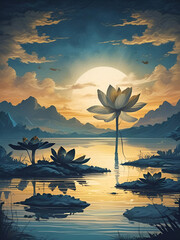 Beautiful painting in HDR of Lotus flowers in a lake
