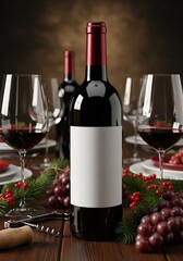 A bottle of red wine with a blank label on a festive dinner table with glasses and grapes.