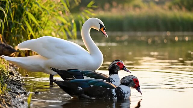 Swan Drinking and Muscovy Ducks Resting in Water