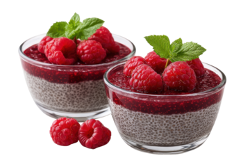Two glass bowls of chia seed pudding topped with raspberry puree and fresh raspberries fruit dessert, Isolated On White Background, Png Transparent