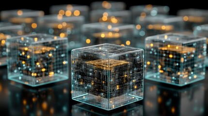 Transparent cubes with glowing network patterns highlight complex digital systems.
