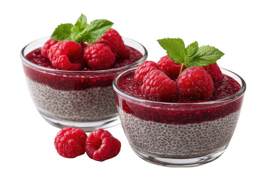 Two glass bowls of chia seed pudding topped with raspberry puree and fresh raspberries fruit dessert, Isolated On White Background, Png Transparent