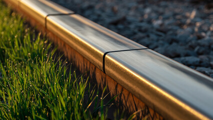Close-up view of a shiny metal train rail with green grass and gravel on a sunny day.