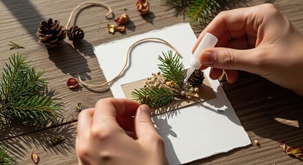 Hands carefully crafting a handmade greeting card using natural elements like pine sprigs and cones on a wooden table.