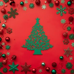 A red vertical backdrop features a stylized Christmas tree cutout surrounded by green and red ornaments, creating a festive holiday scene 
