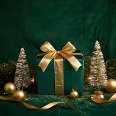 A stylish Christmas scene featuring a gold ribbon wrapped gift, tiny frosted trees, and gold ornaments set against a rich green backdrop