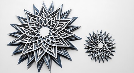 Intricate layered geometric starburst ornaments display complex patterns and sharp edges against a plain background