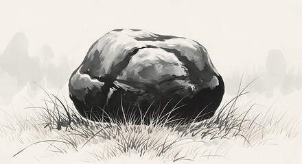 A solitary dark and weathered boulder rests prominently amidst a field of finely drawn dry grass and sparse foliage
