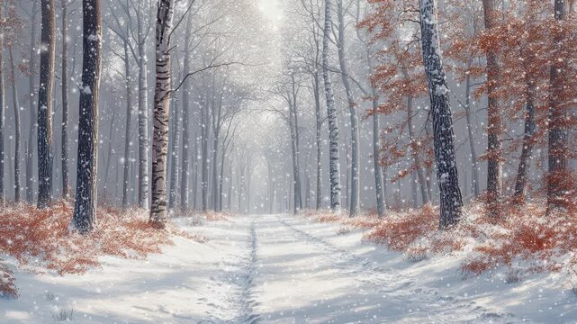  CINEMAGRAPH, 4k, falling snow in the winter forest, loop Aerial shot of winter forest and mountains covered in snow, 
 Lovely snow falling in winter season foggy forest scene.