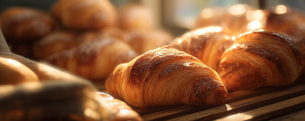 Warm croissants golden and flaky displayed in a bakery with morning sunlight filtering through blinds creating an inviting atmosphere for early risers