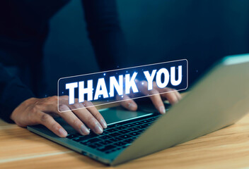 
Man showing thank you message. Concept of congratulations, appreciation, presentation from digital technology. Thank you in business and gratitude.