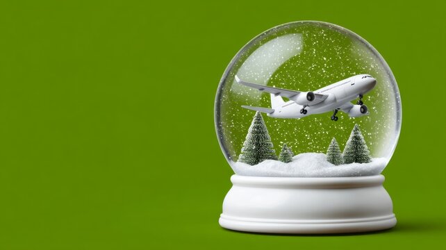 A snow globe with a white airplane inside