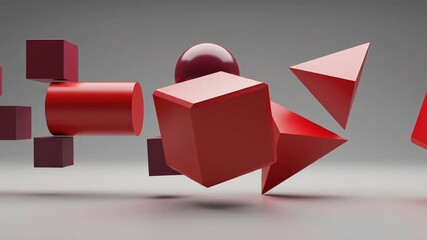 Abstract Red 3D Geometric Shapes Floating and Rotating in Space. - Powered by Adobe