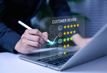 Satisfaction survey on business concept, rated three stars, good quality of customer service, users rate service experience in online application.