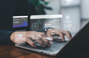 A professional typing on a laptop with floating AI interface panels, representing artificial intelligence, data analytics, chat AI systems, digital innovation, and modern technology workflows.