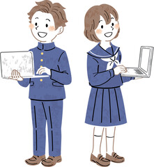 ノートパソコンを使う制服姿の男女の学生のイラスト　全身