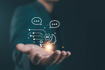 A futuristic concept image of artificial intelligence and digital communication icons hovering above a human hand, symbolizing innovation, technology interaction, smart solutions, and modern virtual