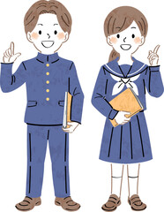 笑顔で人差し指を立てて説明する制服姿の男女の学生のイラスト　全身	