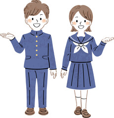 笑顔で案内・紹介するポーズをしている制服姿の男女の学生のイラスト　全身