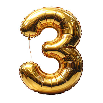 number 3 luxury gold chrome balloon texture on white
