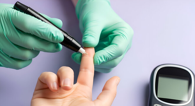 Close-up of a blood glucose test finger prick with lancet and digital glucose meter for monitoring diabetes