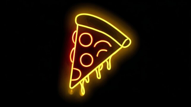 Neon pizza slice illustration glowing yellow and red on black background, vibrant food art concept with fun and playful design for digital graphics and modern restaurant branding - Powered by Adobe