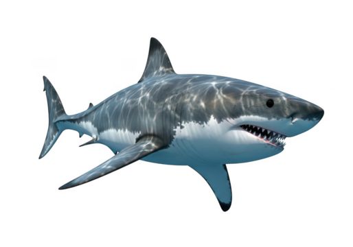 Great white shark swimming underwater, isolated on a black background, side view isolated on transparent background