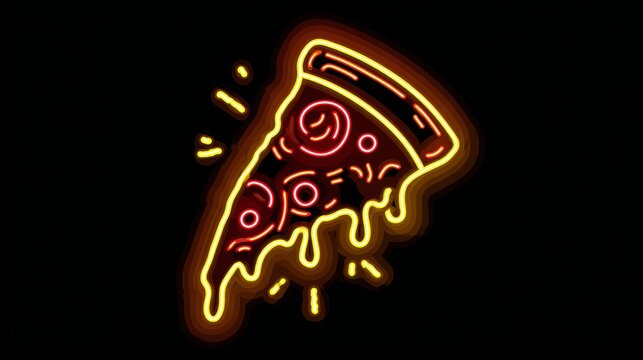 Neon pizza slice illustration glowing yellow and red on black background, vibrant food art concept with fun and playful design for digital graphics and modern restaurant branding